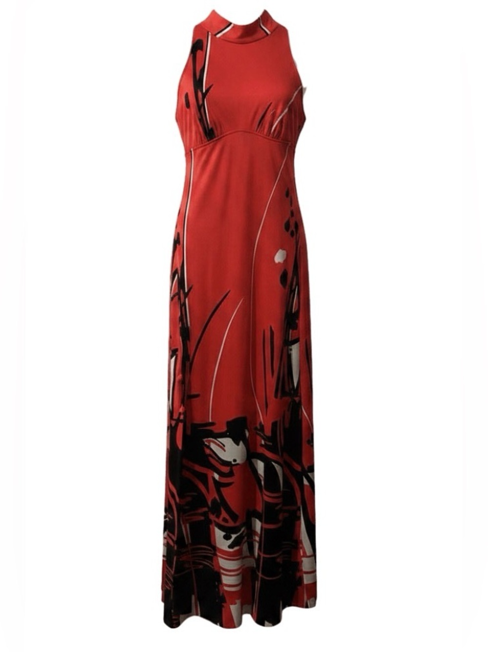 Vintage 70s Jantzen Halter Maxi Dress | Abstract Print | Orange + Black | Size M